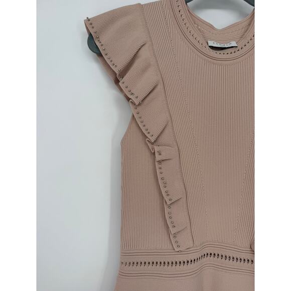 Sandro Dress Tilla Ruffle-Trimmed Embellished Ribbed-Knit Mini In Blush Sz XS/S - Picture 4 of 10